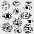 Set of hand drawn different eyes isolated on white background.