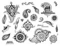 Set of hand drawn different mehndi elements. Stylized flowers, leaves, indian paisley collection. Black and white ethnic