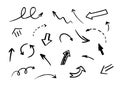Set of hand-drawn different vector black arrows. Doodle curved and straight pointer collection isolated Royalty Free Stock Photo