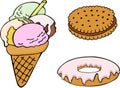 Set of hand drawn donut, ice cream, biscuit. Raster color illustration