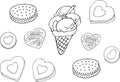 Set of hand drawn donut, ice cream, biscuit. Rastercolor illustration