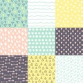 Set with 9 hand drawn doodle brightly colors seamless patterns.