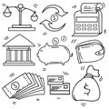 Set of Hand Drawn Doodle Business and Tax, finance icons Theme Doodle Collection In White Isolated Background