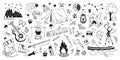 Set hand drawn doodle camping elements. Camping and hiking items.