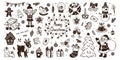 Set hand drawn doodle Christmas elements. Santa Claus, Christmas tree, elf, deer, balls, garland, Royalty Free Stock Photo
