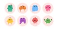 Set of hand drawn doodle cute little monsters icons for stories. Abstract colorful characters with round background Royalty Free Stock Photo