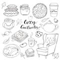 Set of hand drawn doodle elements about autumn. Cozy fall collection of drawings, outline vector drawing