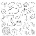 Set of hand drawn doodle elements about autumn. Cozy fall collection of drawings, outline vector drawing