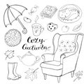 Set of hand drawn doodle elements about autumn. Cozy fall collection of drawings, outline vector drawing