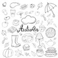 Set of hand drawn doodle elements about autumn. Cozy fall collection of drawings, outline vector drawing