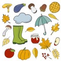 Set of hand drawn doodle elements about autumn. Cozy fall collection of drawings, vector drawing Royalty Free Stock Photo