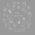 Set of hand-drawn doodle home relaxation icons, vector illustration, gray background Royalty Free Stock Photo