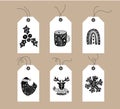 Set of hand drawn doodle scandinavian Christmas element tags. Collection winter holiday vector jolly mug rainbow bird