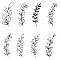 Set of hand drawn doodle tree branches with leaves on white background. Floral vector frames. Royalty Free Stock Photo