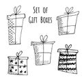 Set of hand drawn doodle vector gift boxes with bows and ribbons. Sketch illustration. Royalty Free Stock Photo