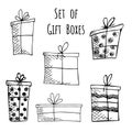 Set of hand drawn doodle vector gift boxes with bows and ribbons. Sketch illustration. Royalty Free Stock Photo