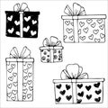 Set of hand drawn doodle vector gift boxes with bows and ribbons. Sketch illustration. Royalty Free Stock Photo