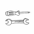 Set of hand drawn doodle vector Tools Screwdriver and Wrench Royalty Free Stock Photo