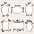 Set of hand drawn doodle vintage frames, squares, ovals, vector borders design elements with white backgrounds. Royalty Free Stock Photo