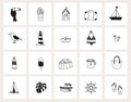 Set of hand drawn doodle web icons. Line art. Summer, holiday, travel concept. Black and white design. Isolated vector Royalty Free Stock Photo