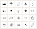 Set of hand drawn doodle web icons. Line art. Summer, holiday, travel concept. Black and white design. Isolated vector Royalty Free Stock Photo