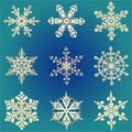 Set hand-drawn doodles gold colored snowflake Festive seamless pattern Royalty Free Stock Photo