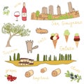 Set of hand drawn doodles of San Gimignano, Tuscany, Italy