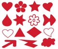 set of hand drawn doodles stars, hearts, arrows, flowers, drop, triangle, rhombus in red color on white background Royalty Free Stock Photo