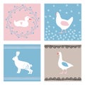 Set of hand drawn Easter greeting cards, invitations with farm animals. Cute bunny, hen, duck, goose and floral elements