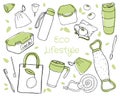 Set of hand-drawn eco-friendly objects isolated in white background. Contour drawing with green accents. Doodle style.