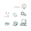 Set of hand drawn electorinc gadget icons with pc, phone, photo camera, headphones, tools, computer, laptop, monitor. Isolated