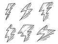 Set of Hand drawn electric lightning. Doodle thunder bolt and thunderstorm. isolated on white background