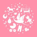 Set of hand drawn elements. Baby girl stuff. Collection of vector cute icons