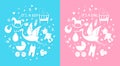 Set of hand drawn elements. Baby stuff. Vector cute icons. It`s a boy and girl