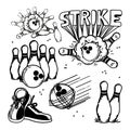 A set of hand-drawn elements with a bowling theme. Bowling ball, pins, shoes. Handwritten strike inscription. Ball Royalty Free Stock Photo