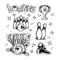 A set of hand-drawn elements with a bowling theme. Bowling ball, pins, shoes. Handwritten strike inscription. Ball Royalty Free Stock Photo