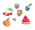 Set of hand drawn elements for design. Cherries, watermelon, plum, peach, strawberry and raspberries. Drawing by colored pastel cr