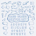 Set of hand drawn elements. Font, mathematics and punctuation symbols, arrows, speech bubbles.