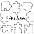 Set of hand drawn elements of jigsaw puzzles made of pieces for autism awareness day cooncept. Simple vector