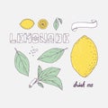 Set of hand drawn elements for lemonade or soda drink package design. Doodle lemon, leaves, icons, logo template and handlettering