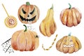 Set of hand-drawn elements painted in watercolor. Cute illustrations for Halloween. Royalty Free Stock Photo