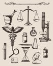 Set of hand-drawn elements of pharmacy or chemistry. Royalty Free Stock Photo