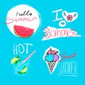 Set of hand drawn elements - watermelon, ice-cream, cocktail with text Hello Summer. Vector illustration. Royalty Free Stock Photo