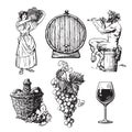 Set of hand drawn elements for wine design. Beautiful peasant woman carrying basket, bunch of grapes, Satyr, bottle Royalty Free Stock Photo