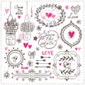 Set of hand drawn elements for your design. Decorative frames, flowers, heart, birds, arrows.