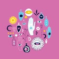 Set of hand drawn esoteric mystic magical spiritual elements on pink background Royalty Free Stock Photo