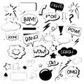 Set of hand drawn explosion, wording sound effect,bomb element. Comic doodle in Pop Art sketch style. Explosion speech Royalty Free Stock Photo