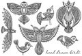 Set of hand drawn fancy birds in ethnic ornate doodle style