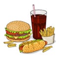 Set of hand-drawn fast food. Hamburger, Hot dogs, fries. Vector illustration in sketch style. Royalty Free Stock Photo