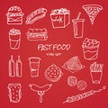 Set of hand drawn fast food icons on red background Royalty Free Stock Photo
